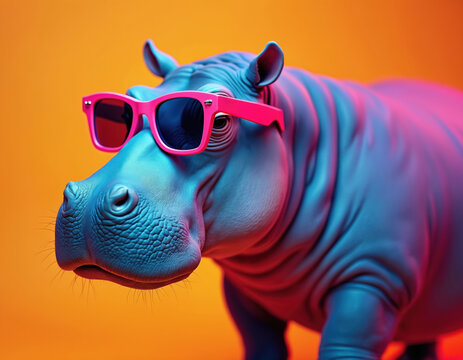 Blue hippo wearing pink sunglasses on orange background. This stylized animal portrait features vibrant colors and a playful mood. It is perfect for creative and fun design projects.