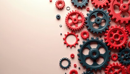 Red, grey gears arranged on light surface. Machine parts connect, interact. Represents mechanical systems, teamwork, industrial processes. Think of manufacturing engineering concepts. Small