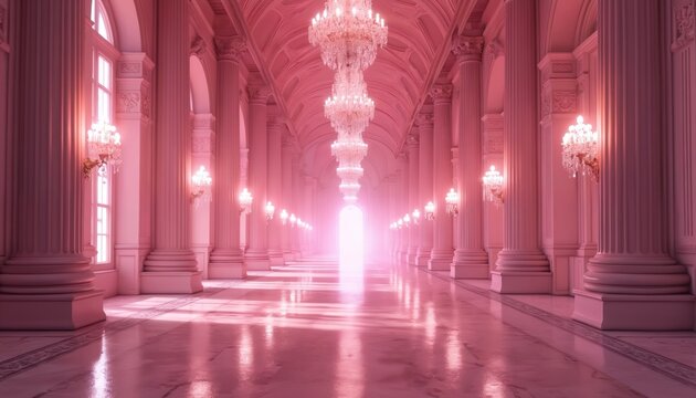 Long pink palace hallway with crystal chandeliers. Elegant pillars line the path toward bright glowing doorway. Reflective floor mirrors ornate architecture and luxurious lighting.