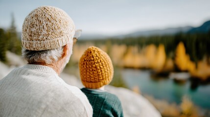 A heartfelt moment captures a grandfather and grandchild sitting on a rock, wearing knit hats, as they enjoy a serene landscape filled with vibrant autumn colors.