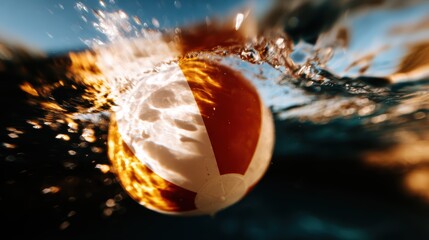 A vibrant beach ball emerges from the sparkling water, capturing the playfulness of summer fun, set against a shimmering underwater backdrop.