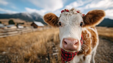 A close-up of a friendly, brown and white cow with a floral headband, capturing a serene moment in a picturesque rural setting surrounded by fields and mountains.