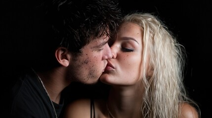 A couple shares a tender kiss, showcasing their deep emotional connection against a dark backdrop, highlighting intimacy and affection between them beautifully.
