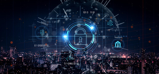 Cybersecurity system interface with biometric lock and data protection. Cybersecurity protects access, identity, cyber security prevents threats, and cyber security supports digital systems. Vouch
