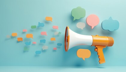 Orange megaphone broadcasts colorful speech bubbles. Graphic concept for announcement, social media, sharing news, or customer feedback. Digital communication.