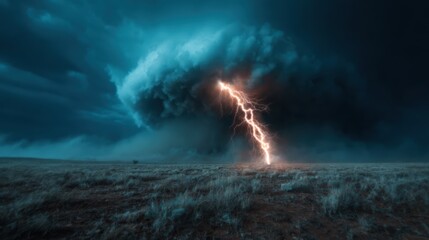 A dramatic scene unfolds as striking lightning illuminates a dark storm cloud above a barren desert landscape, showcasing nature's raw power and beauty in a compelling visual.