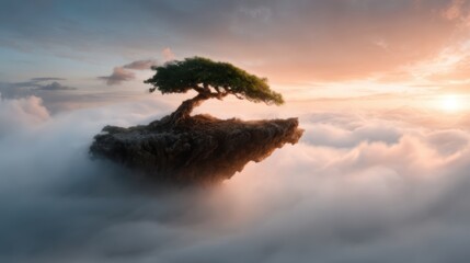 This ethereal image depicts a solitary tree standing majestically on a suspended rock, surrounded by soft, billowy clouds illuminated by a warm sunset glow.
