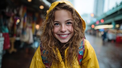 A cheerful girl in a bright yellow raincoat smiles broadly in a bustling city, capturing the essence of joy and youth even in dreary weather conditions.