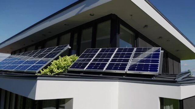 Contemporary home featuring a lush garden and rooftop solar panels, showcasing an eco friendly lifestyle with renewable energy against a backdrop of a cloudless sky