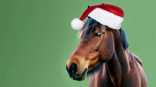 Cheerful brown horse wearing a bright red santa hat on a vivid green backdrop, playfully glancing aside  whimsical holiday portrait perfect for christmas, new year and festive cards