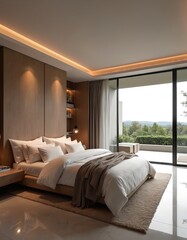 Fototapeta premium Modern bedroom with large bed, white linens, wooden wall, spacious terrace overlooking green landscape. Soft warm light accents ceiling, shelves. Minimalist interior design creates calm atmosphere