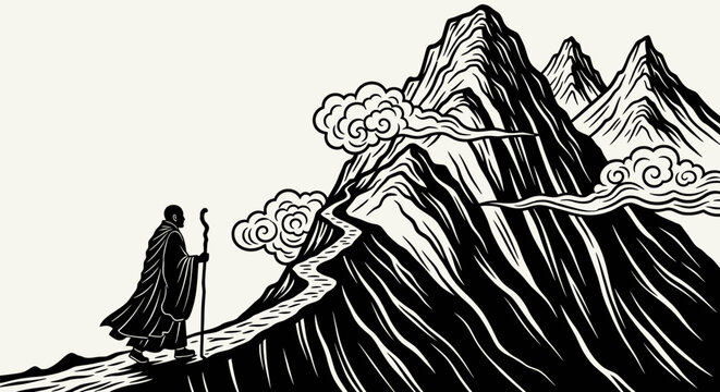 Monk with staff walking on a path towards mountains.