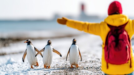 Fototapeta premium A cheerful scene featuring three penguins waddling along a snow-covered beach, while a person in a bright yellow jacket joyfully greets them in the background.