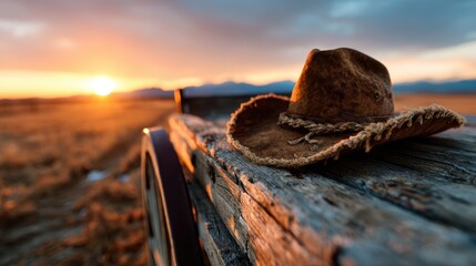 A rustic cowboy hat rests on a wooden fence, bathed in the warm glow of a sunset, symbolizing the spirit of the Wild West and the harmony of nature's beauty.