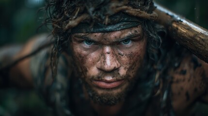 A determined warrior with a muddy face stares intensely into the camera, embodying a raw survival instinct in a dense jungle filled with rich details.