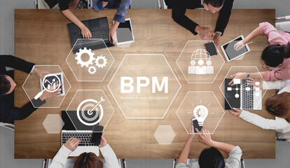Business Process Management concept showing workflow analysis, process optimization, team collaboration, automation, and performance improvement Vouch