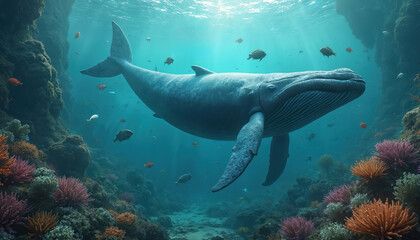 Massive whale swims in clear blue ocean depths. Small fish dart around colorful coral reefs. Sunlight streams from surface, illuminating seabed. Aquatic life thrives in vibrant underwater world.