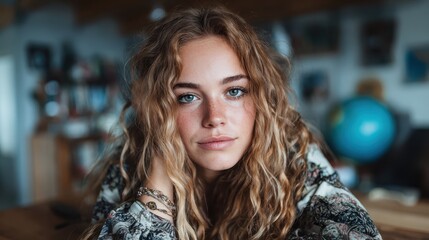 Obraz premium A beautiful young woman with curly hair and captivating eyes poses thoughtfully in a creative, bohemian-inspired setting, capturing a moment of introspective expression.