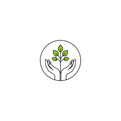 Showing human hands holding or growing a tree with green leaves icon flat vector design.