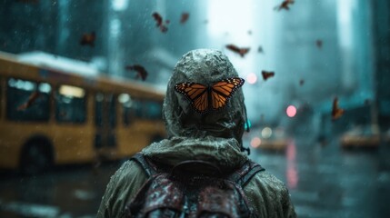 A unique scene of a person in a rain-soaked cityscape, adorned with beautiful butterflies, symbolizing transformation, resilience, and beauty in challenging situations.