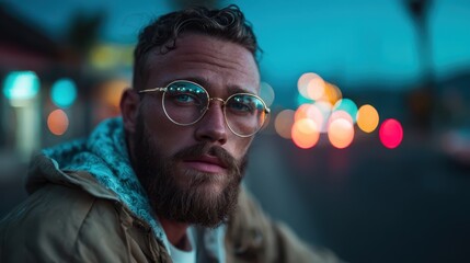 A thoughtful young man with glasses gazes into the distance against a vibrant, urban backdrop filled with blurred lights and colorful bokeh, creating a contemplative mood.