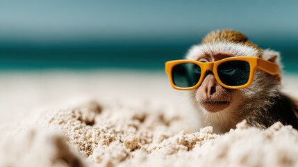 A playful monkey lounges on the sandy beach, wearing bright orange sunglasses, embodying a fun and carefree attitude that brings a smile to anyone who sees this delightful scene.