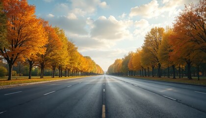 Empty asphalt road lined with trees showing bright yellow and orange autumn foliage. Cloudy sky above a long straight pathway creating perspective. Scene evokes calm fall travel.