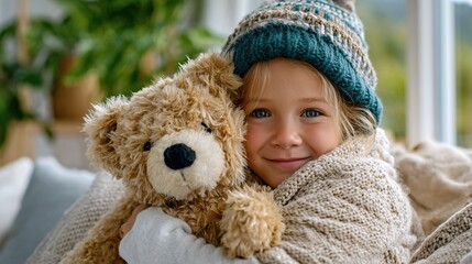 A young child dressed in cozy knitted attire hugs a teddy bear tightly while sitting in a bright, airy room, radiating warmth and innocence.