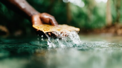 Obraz premium A close-up of a hand pouring water in a serene, natural setting, illustrating the beauty of nature, and the essential connection between humans and the natural world through pure elements.