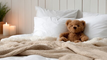 This inviting image showcases a plush teddy bear sitting on a cozy bed with soft pillows, creating a warm atmosphere of comfort and childhood nostalgia.