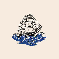 large sailing ship and sea waves icon flat vector design.