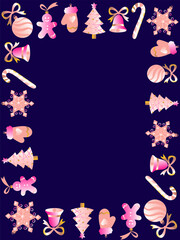 christmas postcard frame vector border with pink gold gradient holiday decorations new year greeting card template dark background design