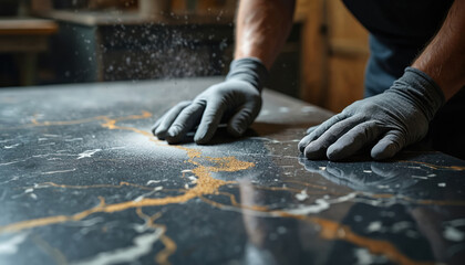 Gloved hands carefully polish dark stone slab with golden veins. Dust particles fly off surface during precision work in workshop. Creating bespoke countertops and bespoke kitchen surfaces.