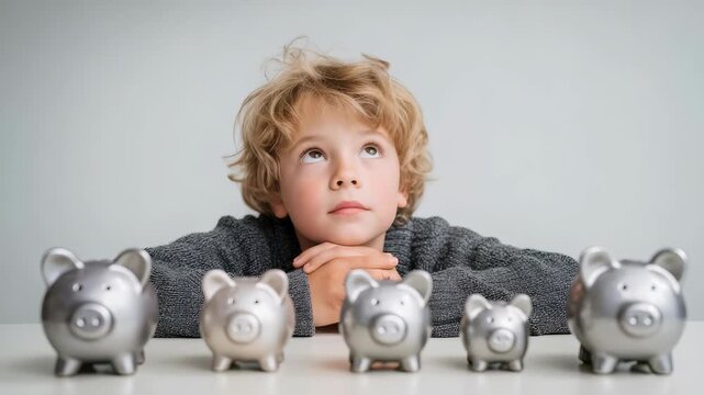 Child contemplates financial growth, saving money, surrounded by multiple metallic piggy banks. Symbolizes early education in finance, investment, importance planning for future