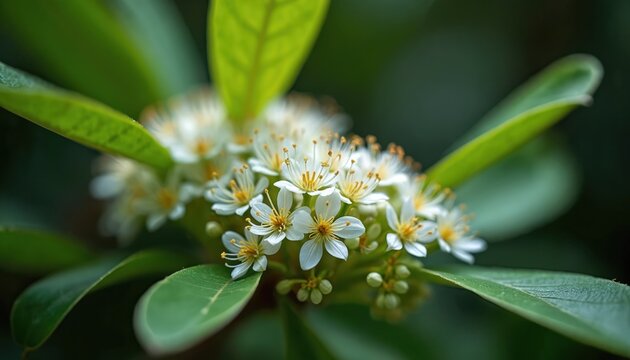 Close-up macro shot of blooming candlenut tree flowers. Delicate white petals surround yellow stamen on green leaves. Natural background bokeh effect.