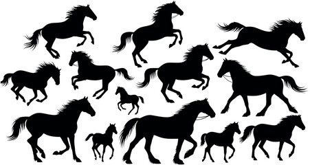 Obraz premium Collection of black horse silhouettes in various running postures