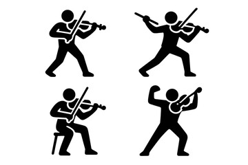 Four black silhouette figures of musicians playing the violin in various poses