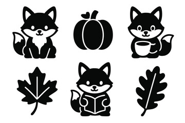 Charming black silhouettes featuring a friendly fox character and classic fall symbols