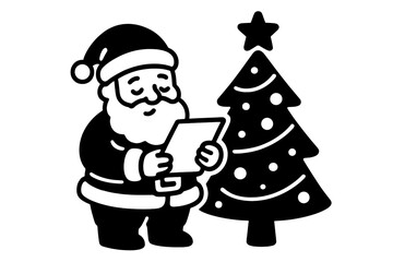 Santa Claus reading a naughty or nice list next to a decorated Christmas tree