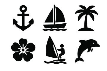 Black silhouette set for summer vacation, tropical travel, and ocean activities