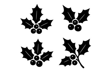 Collection of four traditional black silhouette symbols featuring Christmas holly leaves and berries