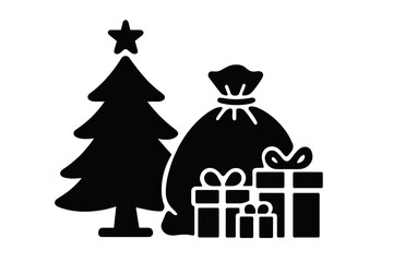 Stylized Christmas tree with a large sack full of gifts and wrapped present boxes