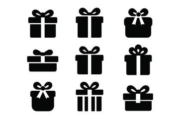 Nine black present box icons with decorative ribbons and bows for festive occasions