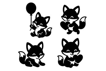 Four adorable black and white cartoon fox characters holding hearts and a balloon