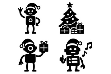Collection of simple Christmas icons featuring festive characters, decorated tree, and wrapped gifts