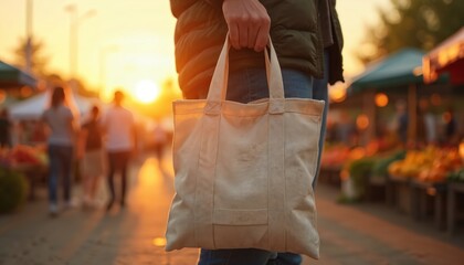 Person holds canvas tote bag at busy outdoor farmers market during sunset. People shop for fresh organic produce under warm golden light. Shopper carries reusable shopping bag.