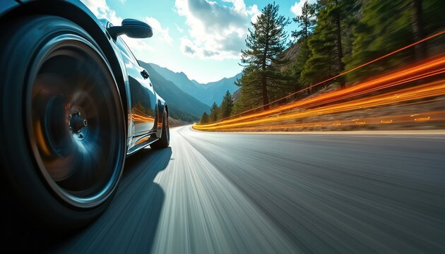 Car wheel spins fast on highway in mountains. Lights streak past on windy road, showing speed and adventure. Driver journeys on scenic route.