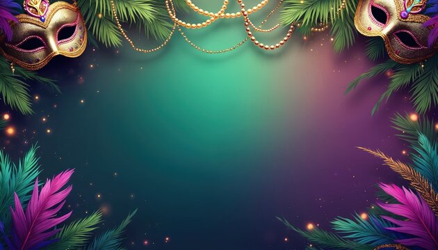 Festive mardi gras border with ornate masks, gold beads, and colorful feathers on a gradient background. Tropical palm leaves frame the scene, creating a vibrant party atmosphere for celebrations.