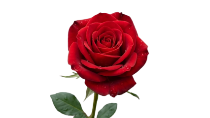 Red rose with water droplets on petals and green leaves against black background flower