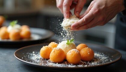 Chef finishes plating dessert with orange spheres and ice cream. Expert culinary artist garnishes dish with grated cheese. Gourmet food preparation in professional kitchen.